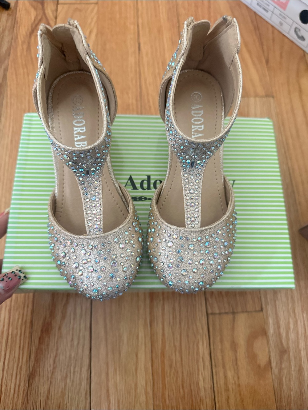 Adorable AdoraBelle Champagne T-Strap Crystal Heels